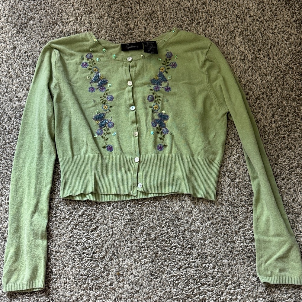 Girls Speechless Green Embroidered Floral Cardigan Size 18 1/2